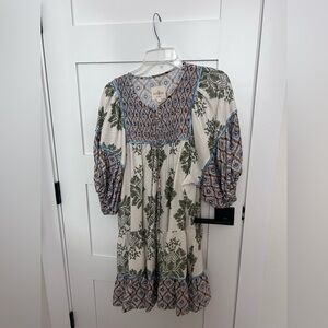 Umgee Women's Patterned Long Sleeve Dress - Green and Blue